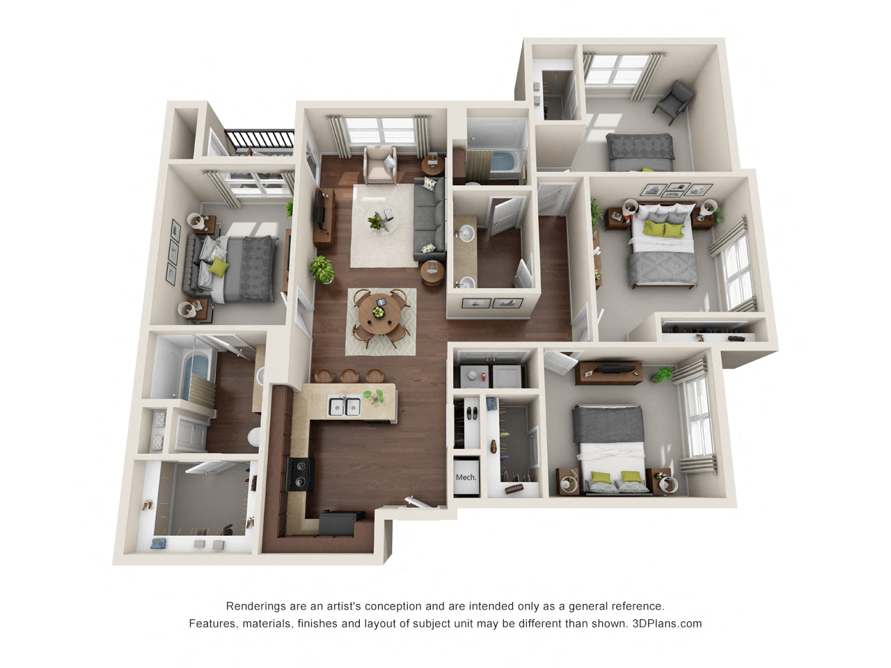 Floor plan for 4 beds, 2 baths, 1486 sqft